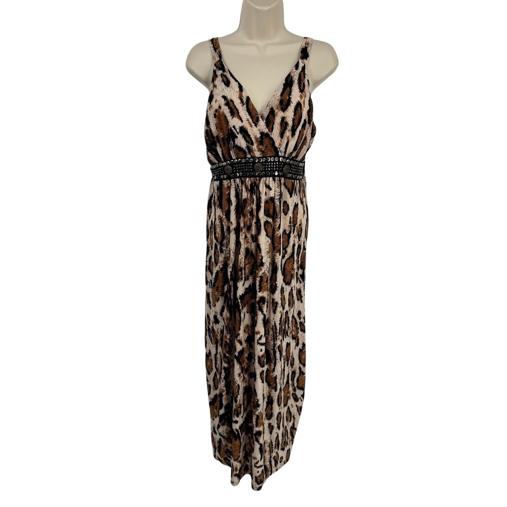 Y2K Shoreline Leopard Print Maxi Dress Embellished Womens L/XL Brown Mob Wife - Picture 2 of 15